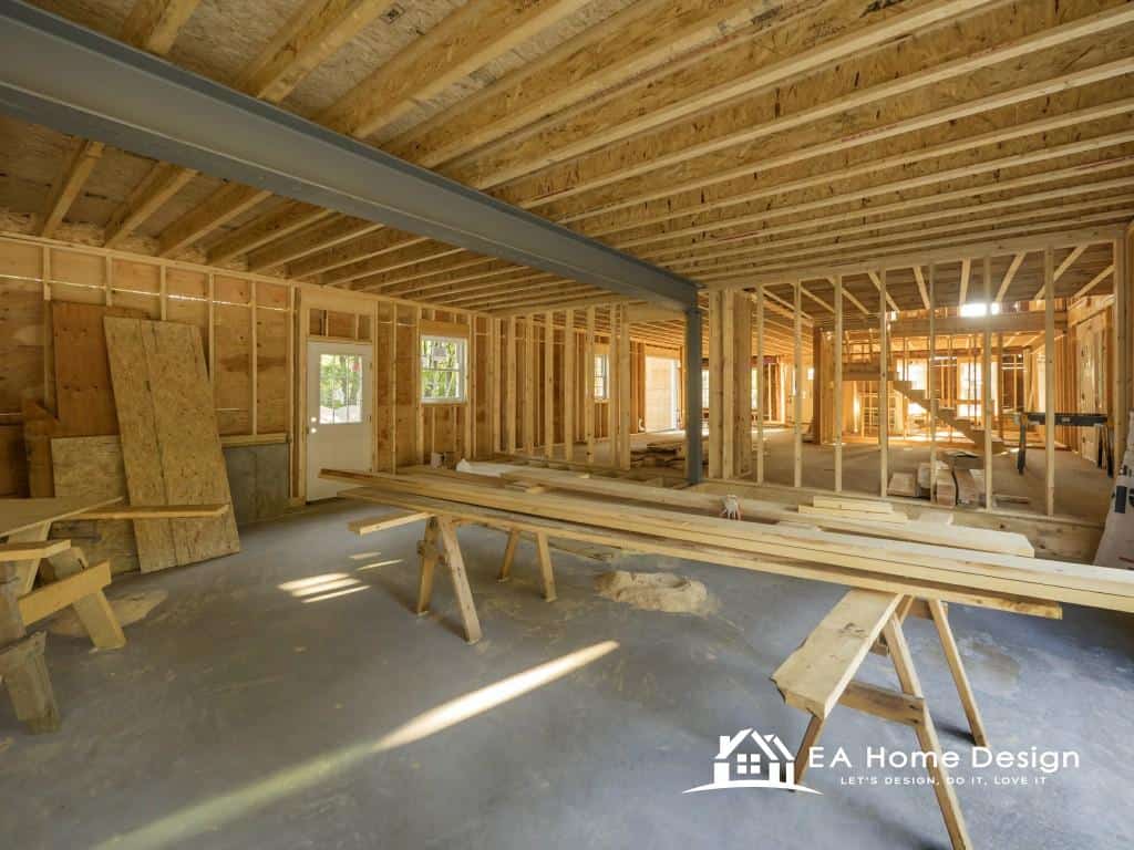 Wooden house under construction with framing and roofing in progress for custom home building.