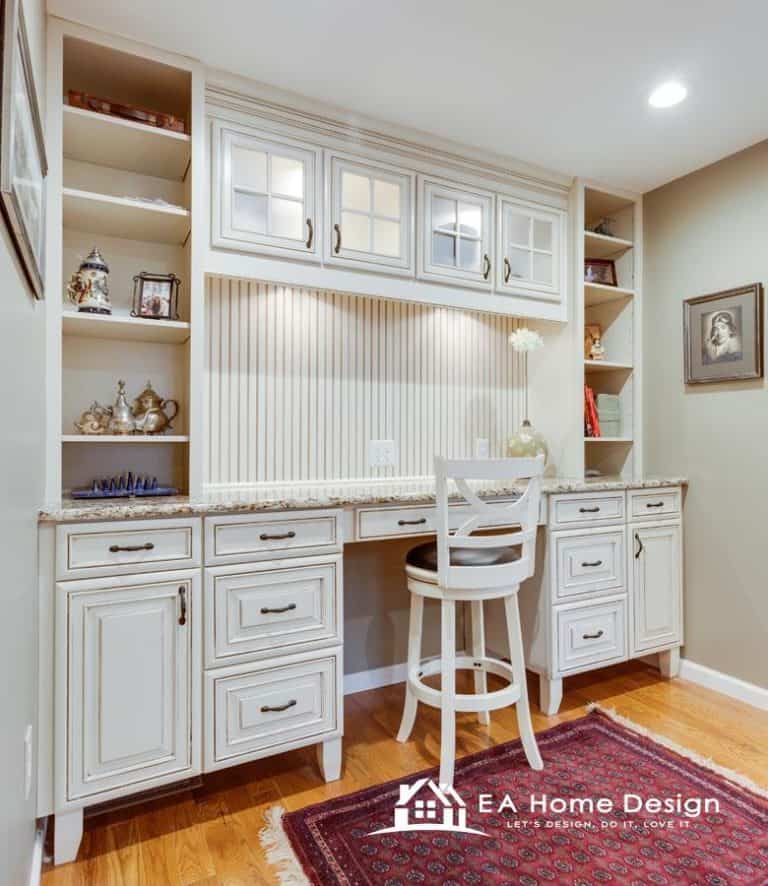 Elegant built-in white home office desk with cabinetry and shelving for organized workspace.