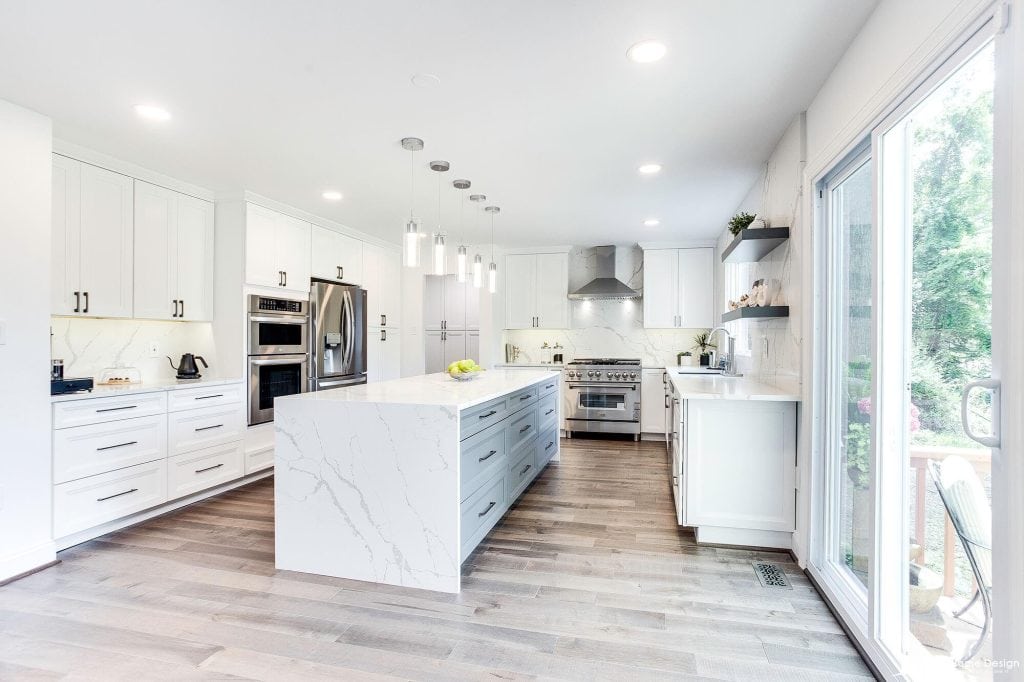 Modern white kitchen with marble countertops and stainless steel appliances for luxury home renovation
