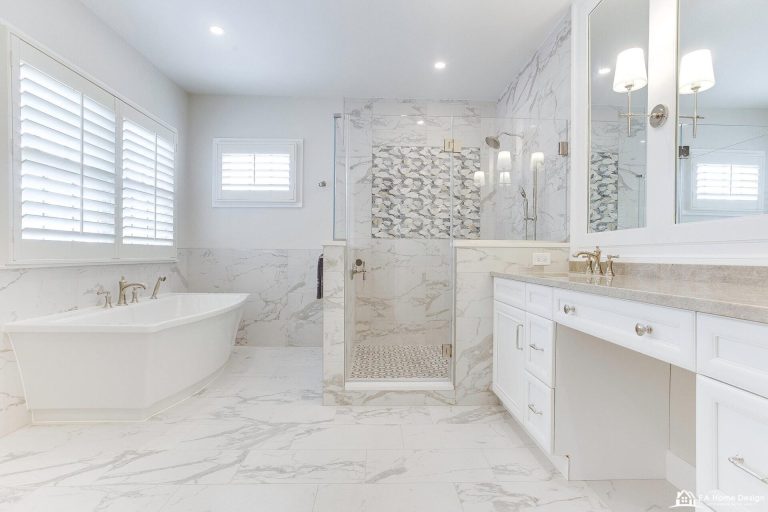 Modern white bathroom vanity with double sinks and brushed nickel fixtures