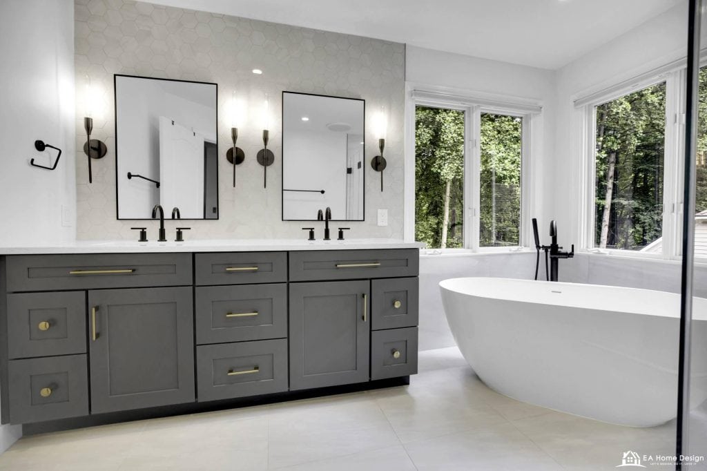 Upscale bathroom remodel showcasing sleek modern cabinets, a designer vanity, floor-to-ceiling mirrors, and refined lighting for a bright and luxurious look.