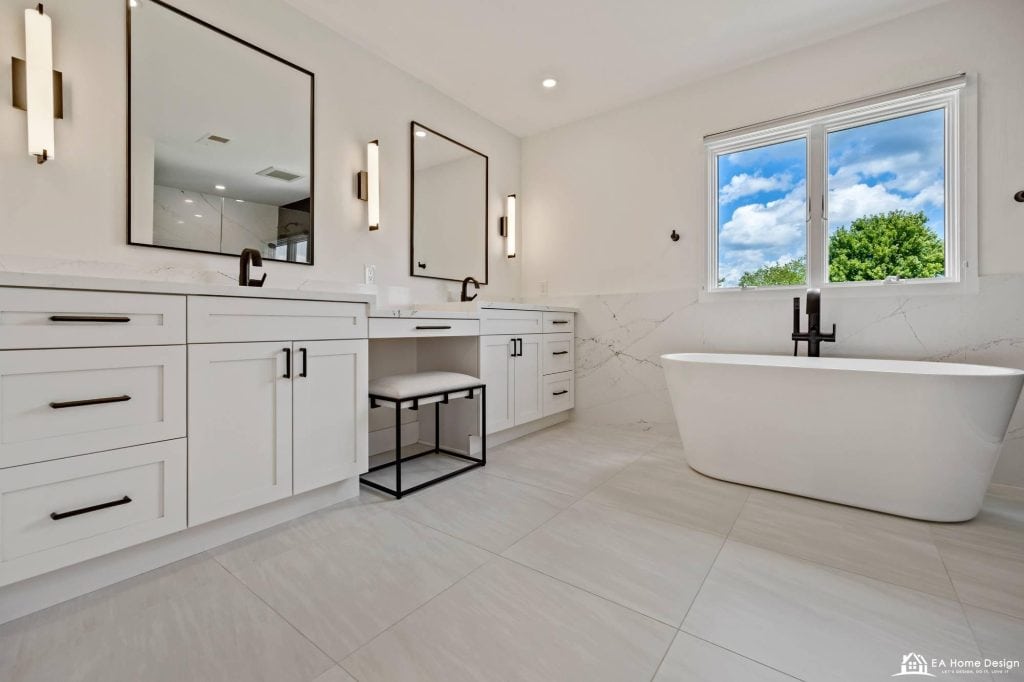 Stylish bathroom renovation with contemporary cabinets, high-quality vanity, large wall mirrors, and sophisticated fixtures, combining functionality with premium design.