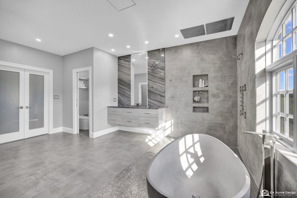 After: floating vanity, the door to the new second toilet room and the frosted double doors