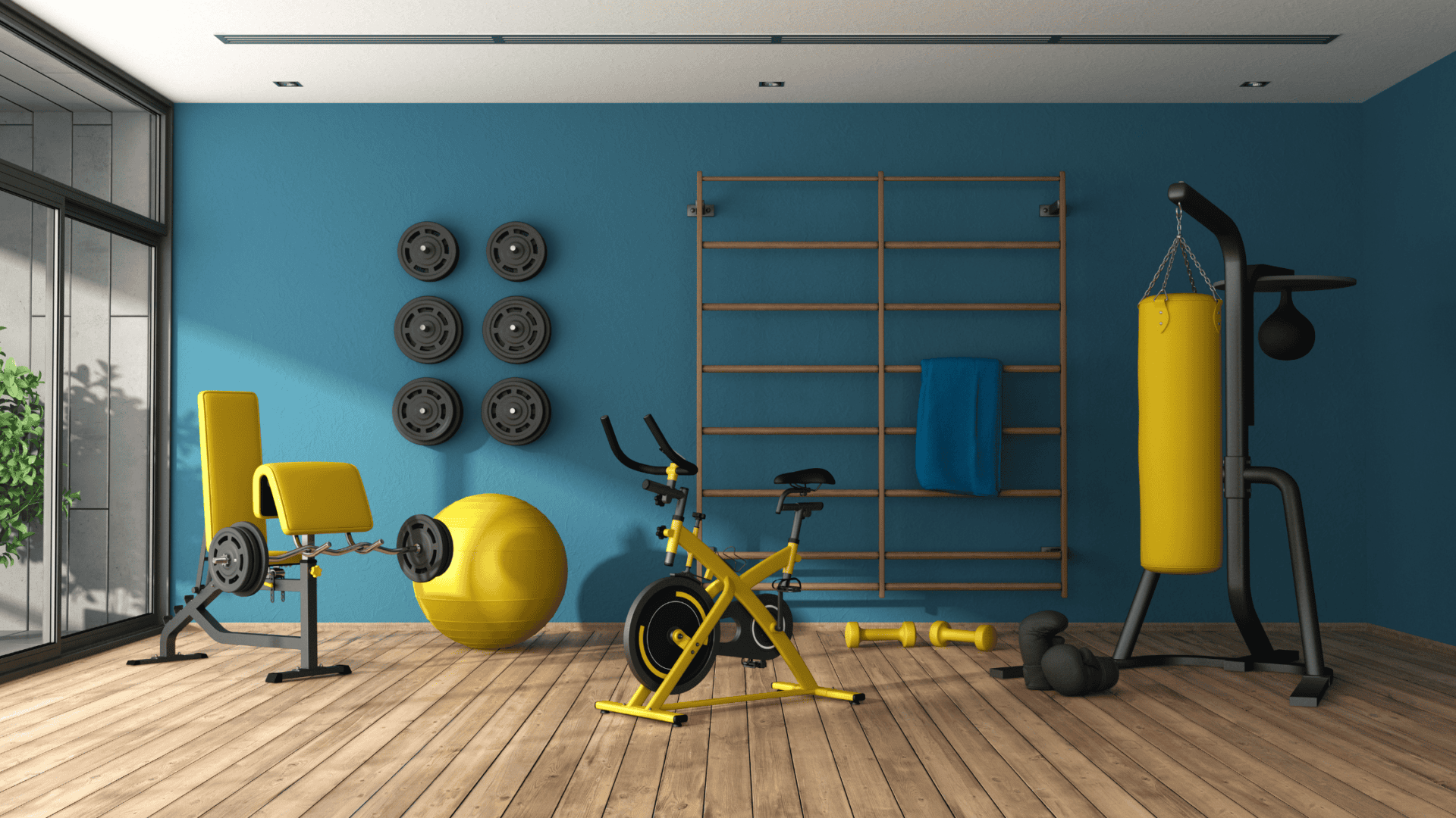Bright, motivating home gym with mirrors and modern design