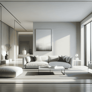 A modern, minimalist living room with neutral tones and abundant natural light—perfect for VA home improvement in Fairfax County. Features include a white sofa, low tables, pouf, abstract wall art, decorative vases, and expansive windows.
