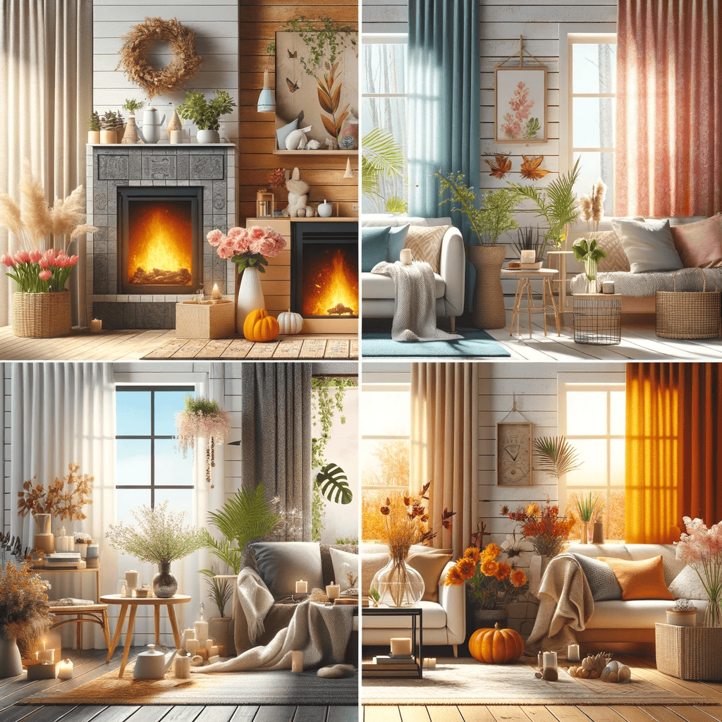 A collage of four cozy living rooms in VA, each decorated for a different season with flowers, pumpkins, candles, and soft blankets. Sunlight streams through large windows, reflecting stylish home improvement Fairfax County touches in every scene.