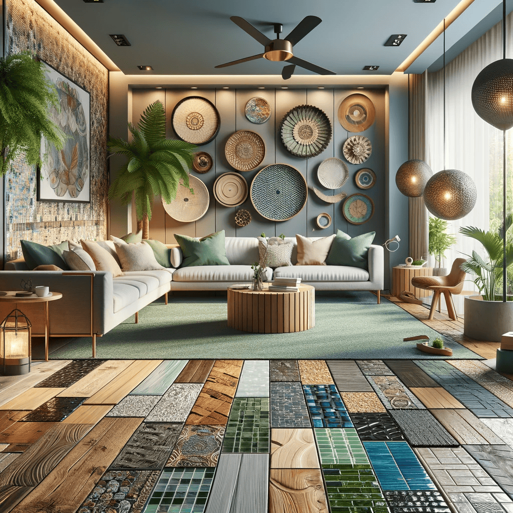 A stylish living room in Fairfax County, VA features a patterned tile and wood floor, modern furniture, potted plants, pendant lights, and a wall adorned with artistic plates and baskets—perfect for your next home improvement inspiration.