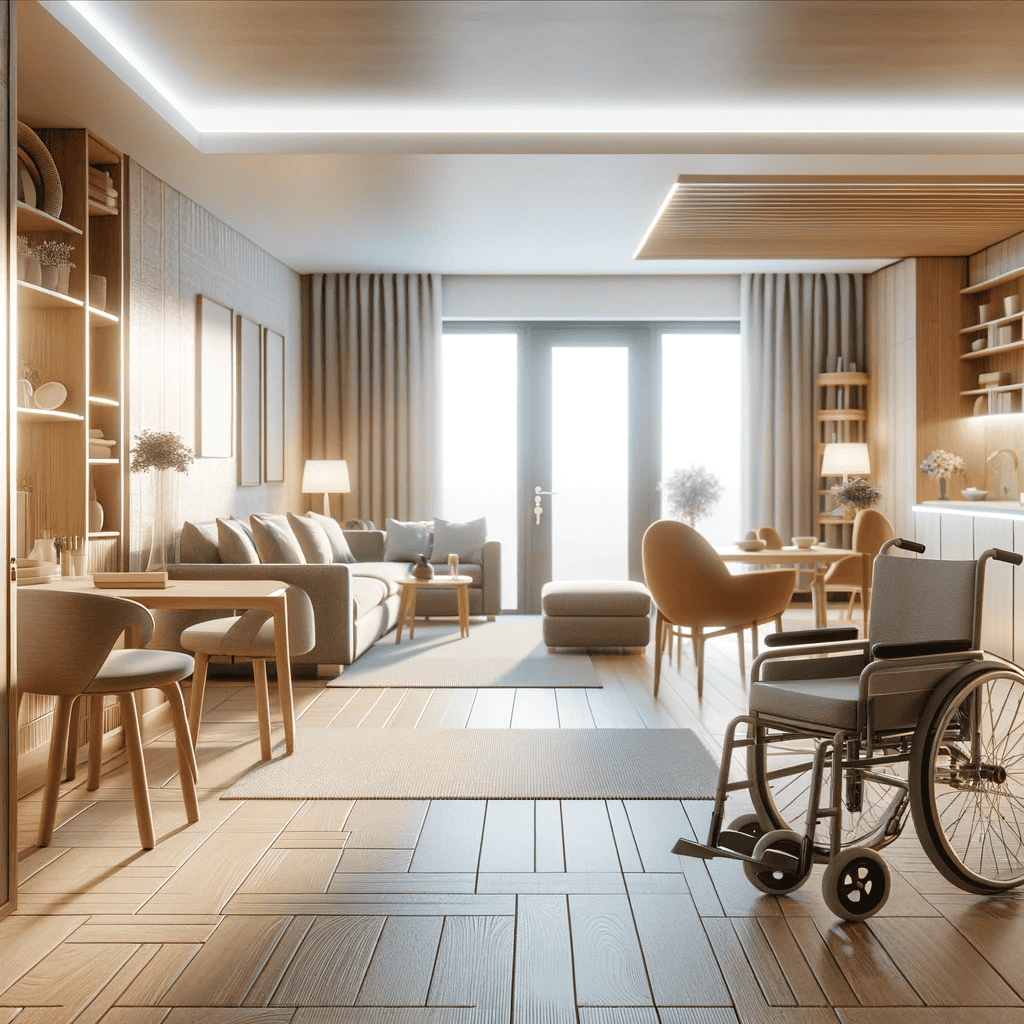 A modern, spacious living room with wooden flooring, neutral furniture, large windows, and a wheelchair beside a table, showcasing an accessible, cozy environment with natural light—perfect for home improvement in Fairfax County, VA.