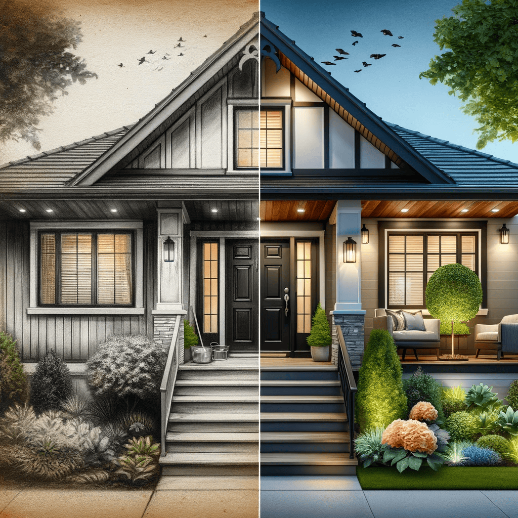 A split image shows the same VA house: the left side is a detailed pencil sketch, while the right is a colorful, realistic photo with lush landscaping, vibrant flowers, and birds flying in a blue sky—perfect inspiration for home improvement Fairfax County.