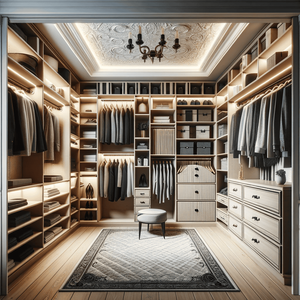A spacious, organized walk-in closet in VA with wooden shelves, hanging clothes, drawers, storage boxes, a patterned rug, stool, and an ornate ceiling with chandelier—perfect for your next home improvement in Fairfax County. Soft warm lighting throughout.