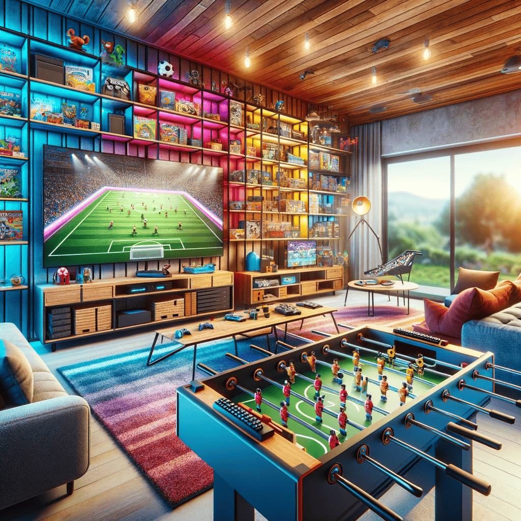 A vibrant game room in Fairfax County, VA, featuring a large TV with a soccer video game, shelves of colorful collectibles, a foosball table, cozy couches, and bright natural light—perfect for any home improvement project.