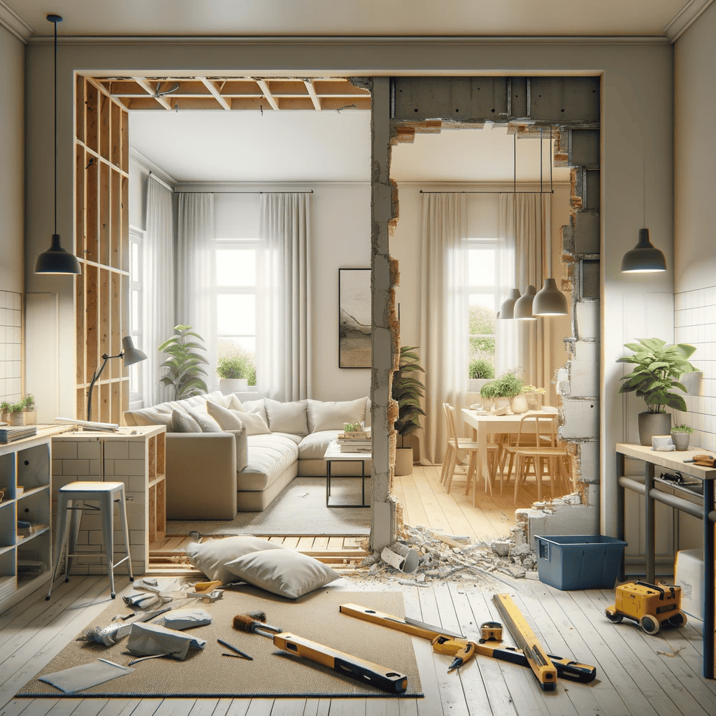 A bright living room and dining area with a large, partially demolished wall highlight an ongoing home improvement Fairfax County, VA project. Tools, debris, and construction materials are scattered across the floor.
