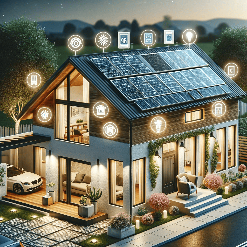 A modern smart home in VA with solar panels on the roof, large windows, a driveway with an electric car, and glowing smart technology icons representing home improvement Fairfax County and advanced energy efficiency features.