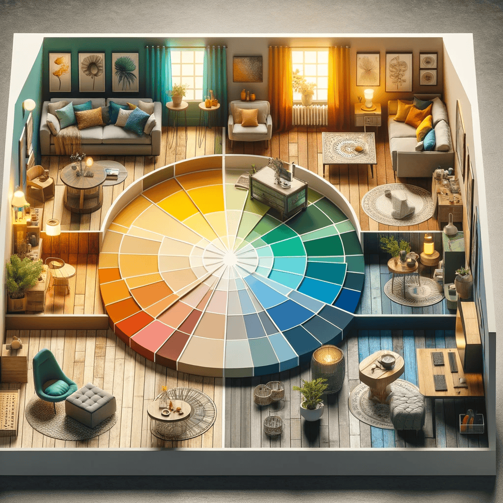 A cozy living room with modern decor, perfect for home improvement in Fairfax County, VA, is divided into sections by a large circular color wheel on the floor, displaying a gradient from warm yellows to cool blues that inspire stylish matching furniture and decor.