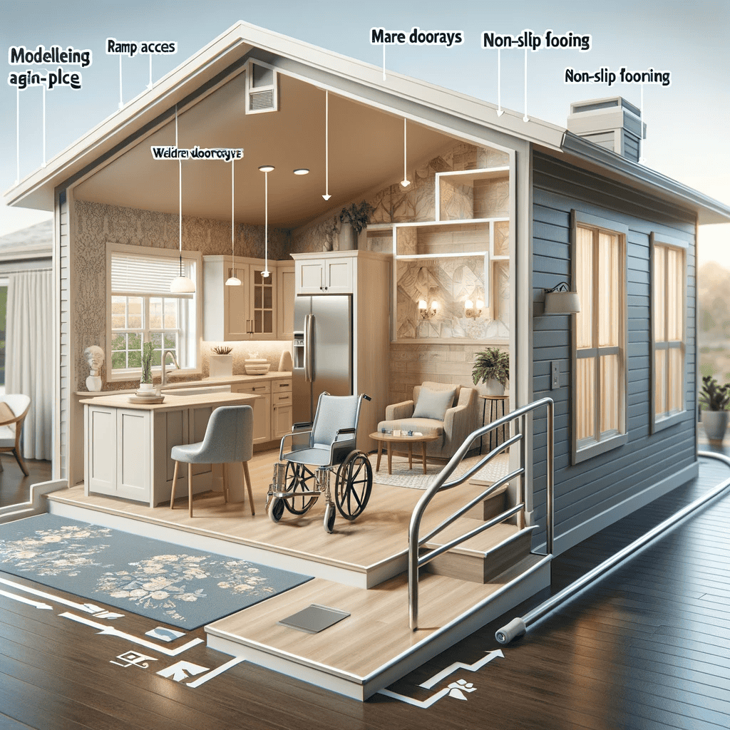A cutaway view of an accessible home in Fairfax County shows features like a wheelchair, wide doorways, ramp access, VA-approved modifications, non-slip flooring, and labeled text highlighting each accessibility improvement.