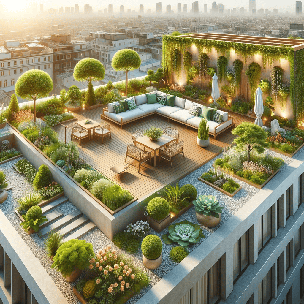 A modern rooftop garden in Fairfax County, VA, features lush plants, trees, succulents, a wooden deck, comfortable seating, tables, and soft lighting—all perfect for home improvement enthusiasts overlooking the city skyline at sunset.