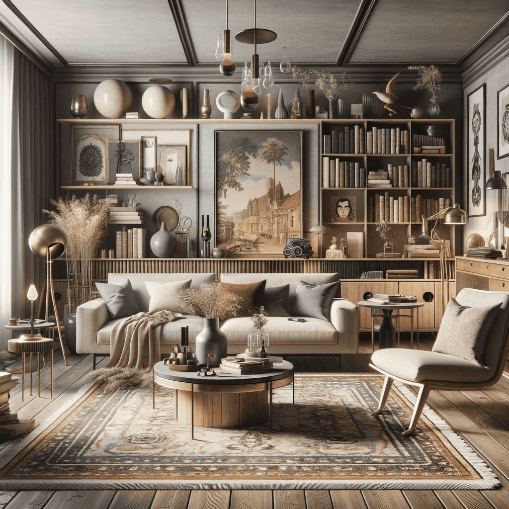 A stylish living room with a large bookshelf, modern beige sofa, round coffee table, and framed artwork—perfect inspiration for your next home improvement in Fairfax County, VA—creating a cozy and elegant atmosphere with earthy tones.