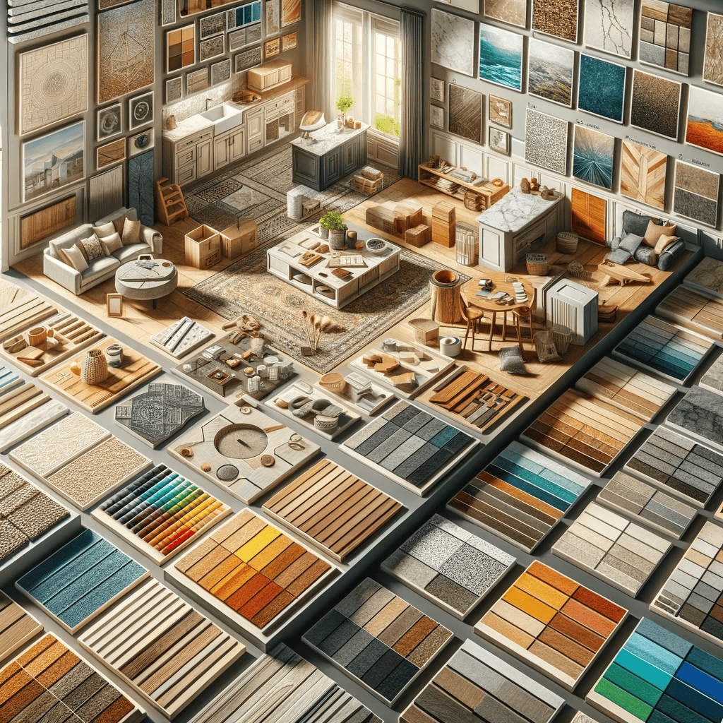 A spacious, sunlit interior design studio in VA, filled with samples of flooring, tiles, wood panels, and wall art—perfect for home improvement in Fairfax County. All materials are neatly arranged to create an organized, creative workspace.