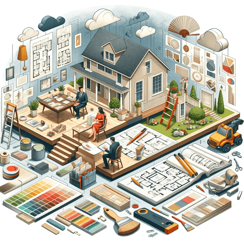 A detailed illustration of an architectural design process in Fairfax County, VA, showing people working at desks near house models, blueprints, color swatches, and tools—perfectly capturing the essence of home improvement and renovation.
