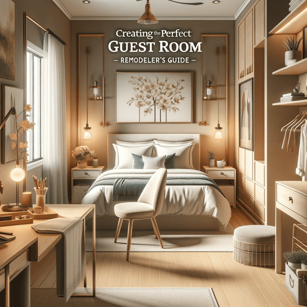 A stylish, well-lit guest room with a bed, desk, chair, soft lighting, and neutral decor. Text at the top reads, "Creating the Perfect Guest Room Remodeler's Guide—your source for home improvement in Fairfax County, VA.