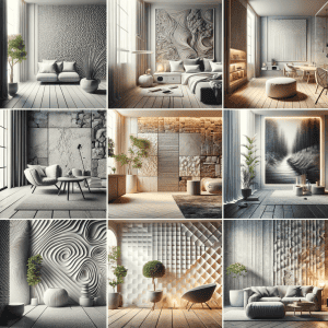 A collage of nine modern living spaces, each featuring light-filled rooms with textured, geometric, or sculpted 3D wall art—perfect inspiration for home improvement in Fairfax County, VA. Minimalist furniture, wooden floors, and green plants complete the look.