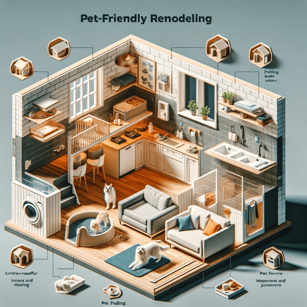 A 3D-rendered cutaway of a modern home interior highlights pet-friendly remodeling features, ideal for home improvement in Fairfax County, VA—showcasing a feeding station, cozy beds, built-in crates, a cat climbing wall, and dog washing area.