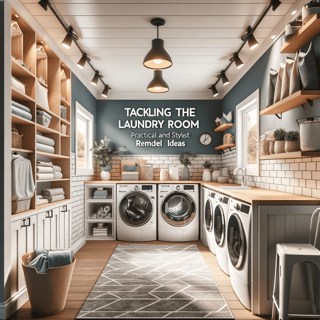 A modern laundry room in VA with front-loading washers and dryers, open shelves stocked with towels and baskets, ample wood countertops, and decorative lighting. Text on the wall reads “Tackling the Laundry Room: Practical and Stylist Remodel Ideas.” Perfect for home improvement Fairfax County.