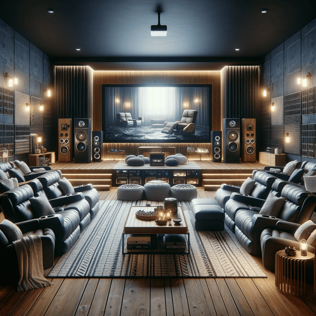 A luxurious home theater in Fairfax County with tiered leather seating, a large projector screen, surround speakers, soft lighting, and cozy decor—perfect for your next VA home improvement project in a modern, wood-accented room.