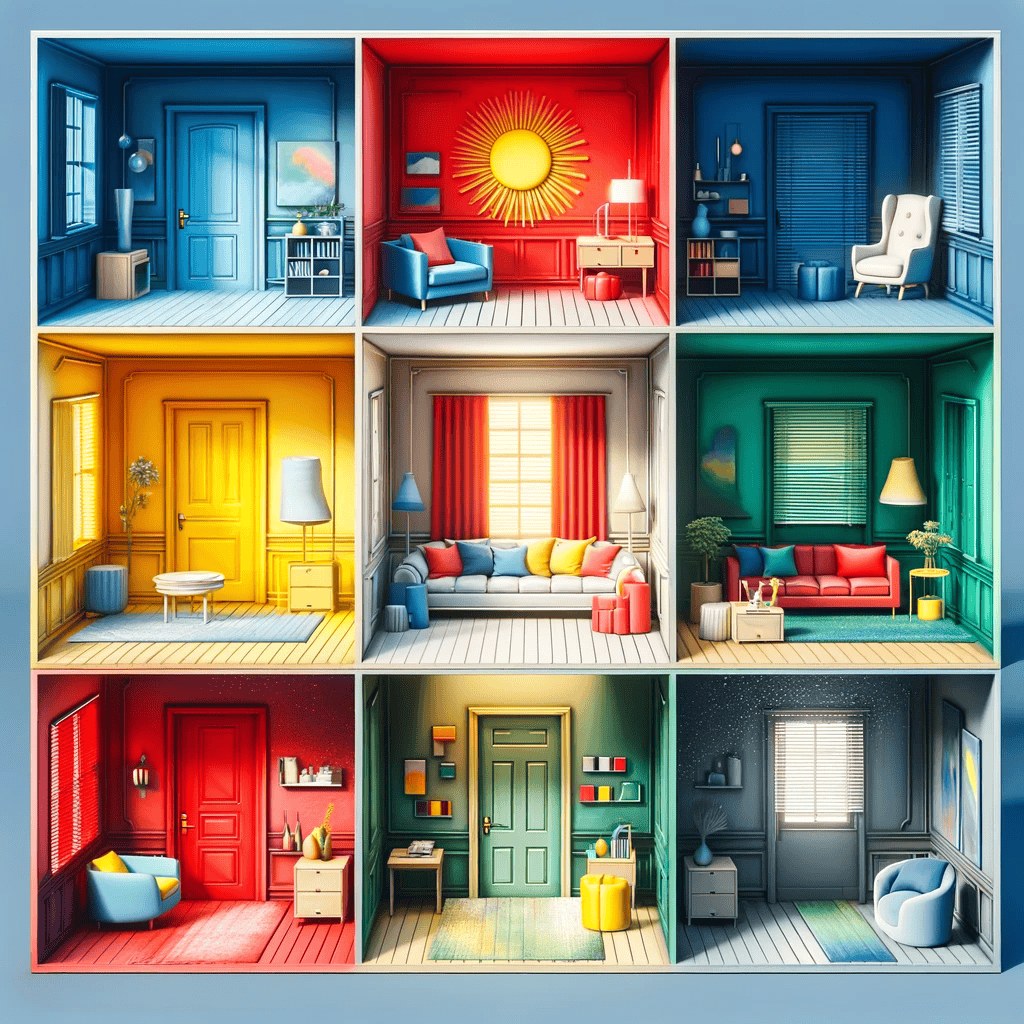 A grid of nine colorful, stylized rooms showcases cheerful, modern design—perfect inspiration for your next home improvement in Fairfax County, VA, with bright blues, reds, and yellows adorning unique furniture and decor.