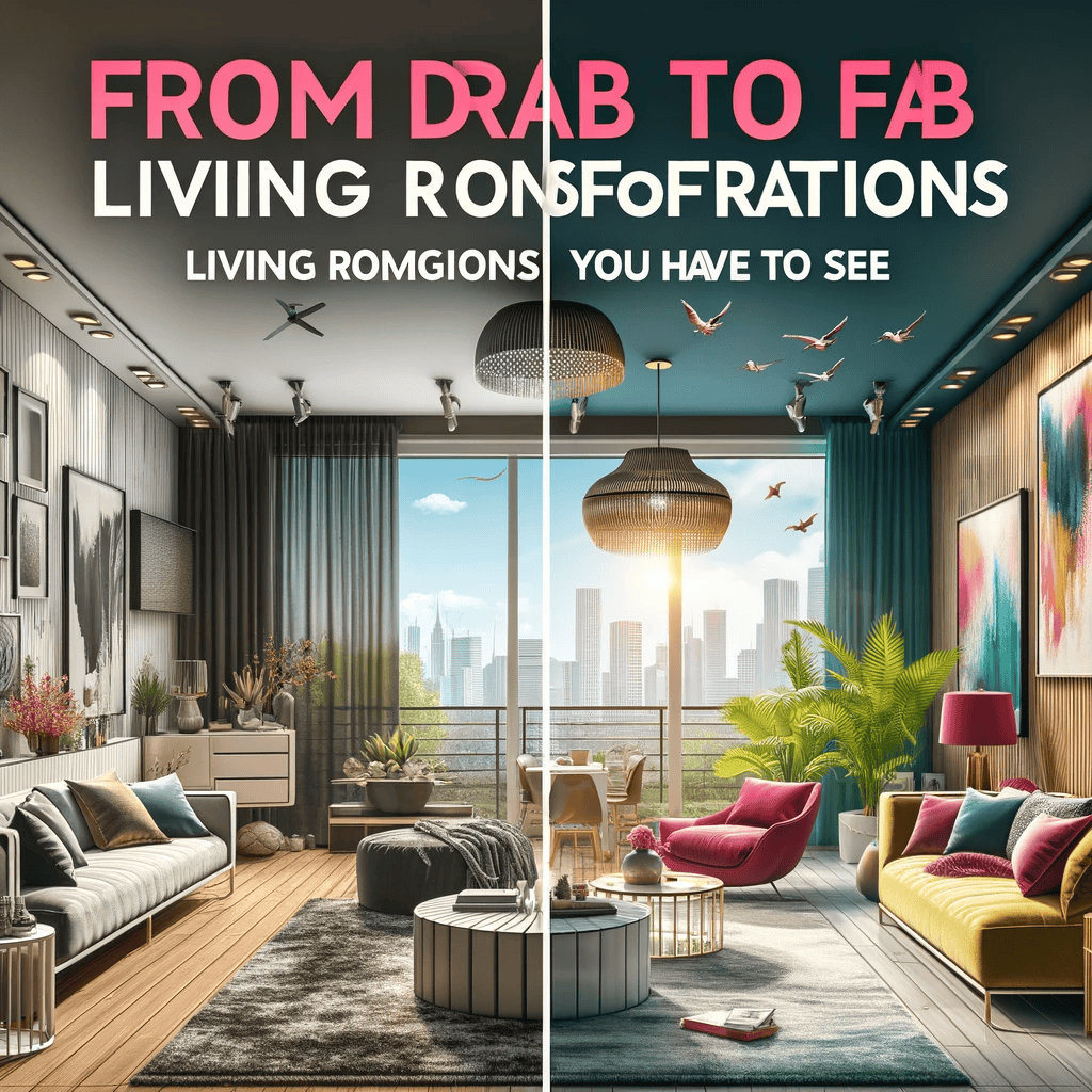 An image showcasing dramatic living room transformations, illustrating the concept of 'From Drab to Fab_ Living Room Transformations You Have to See'