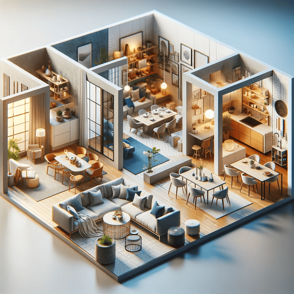 An image showcasing the concept of 'Open Floor Plans_ Making the Most of Your Living Space'. The scene should depict an open floor plan in a home