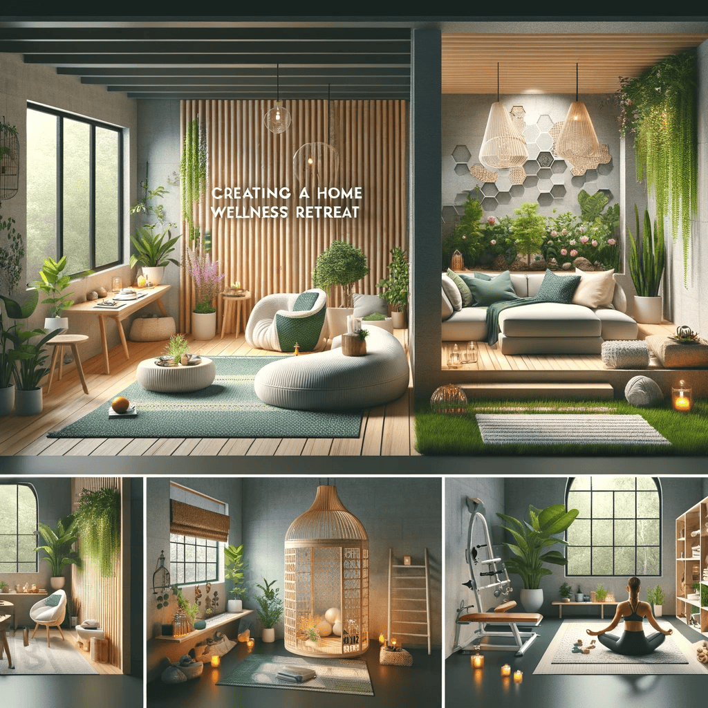 An image showcasing ideas for creating a home wellness retreat. The scene should include elements that promote health and relaxation in a home setting