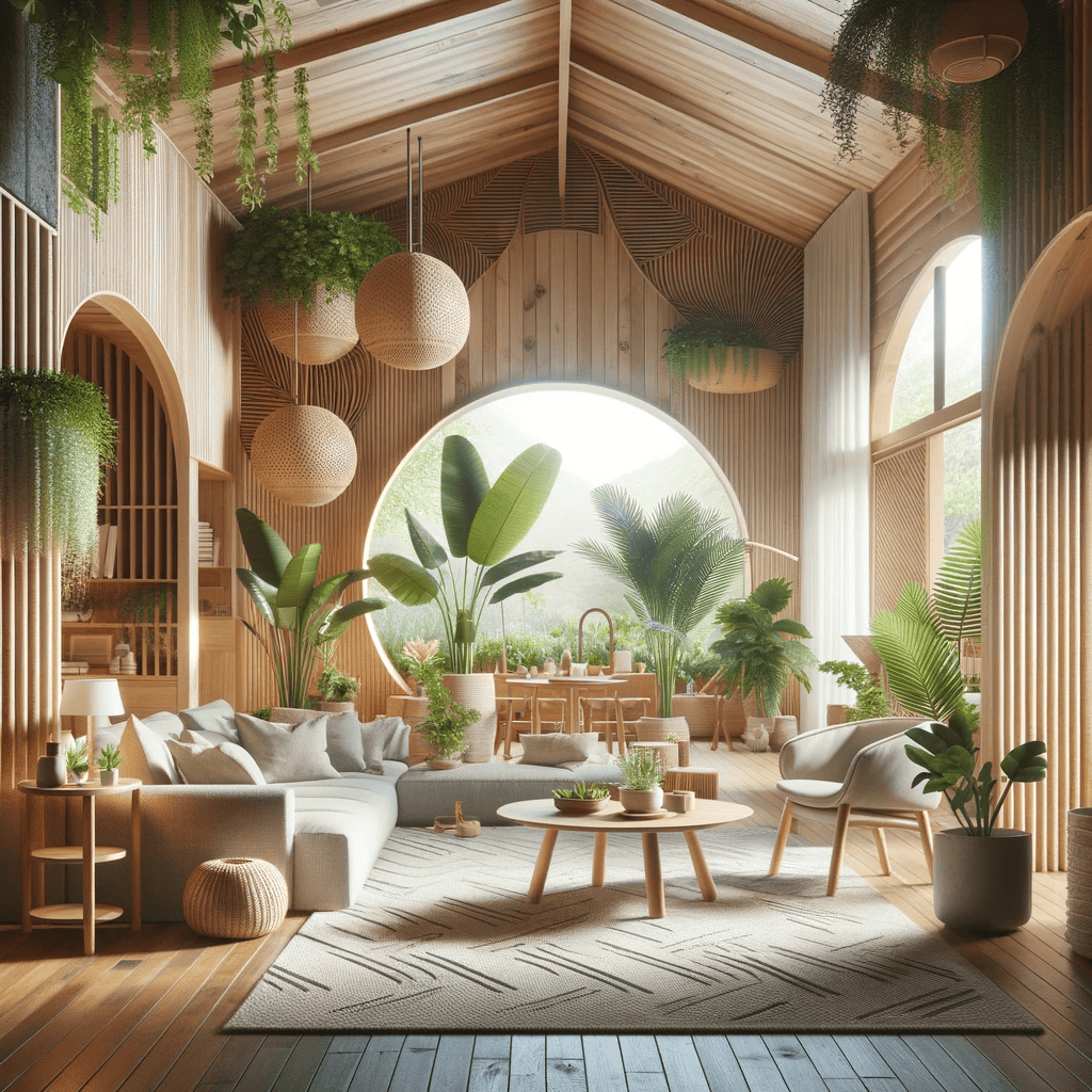 An image showcasing the incorporation of natural elements for a harmonious home design. The scene should depict a home interior that skillfully blends