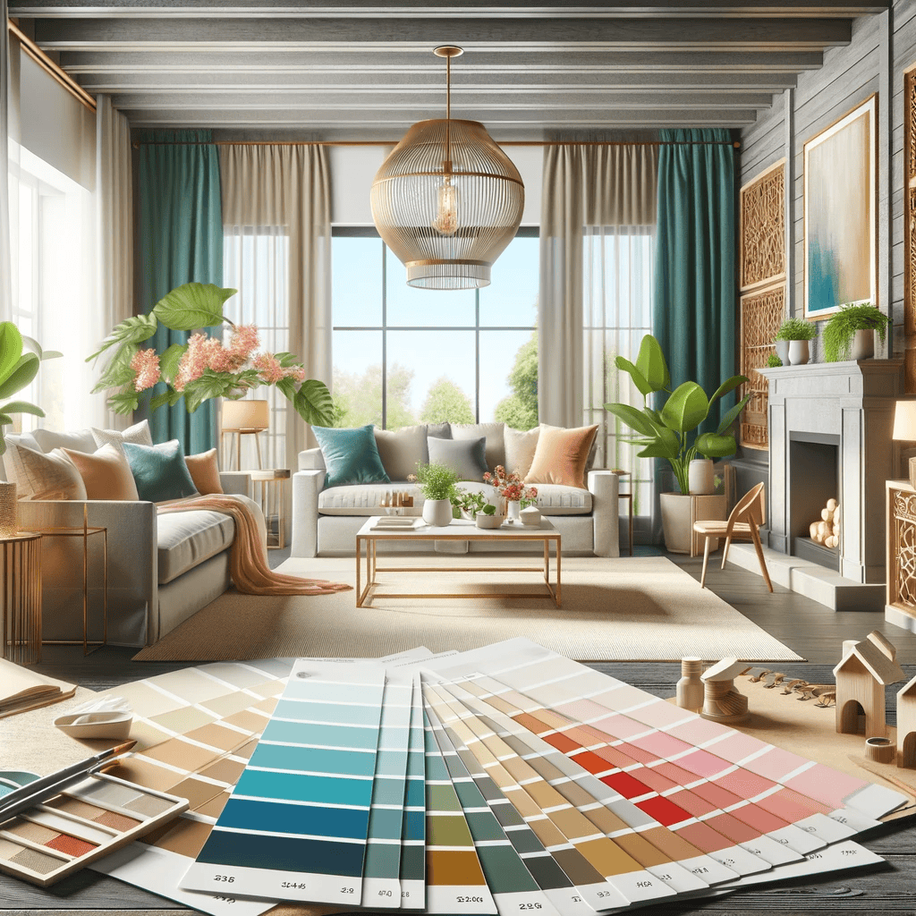 An image showcasing how to choose the perfect color scheme for a home makeover. The scene should include a home interior demonstrating a well-balanced atmosphere