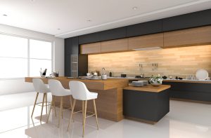 Modern kitchen with black and wood cabinetry, minimalist design, and bright natural light.