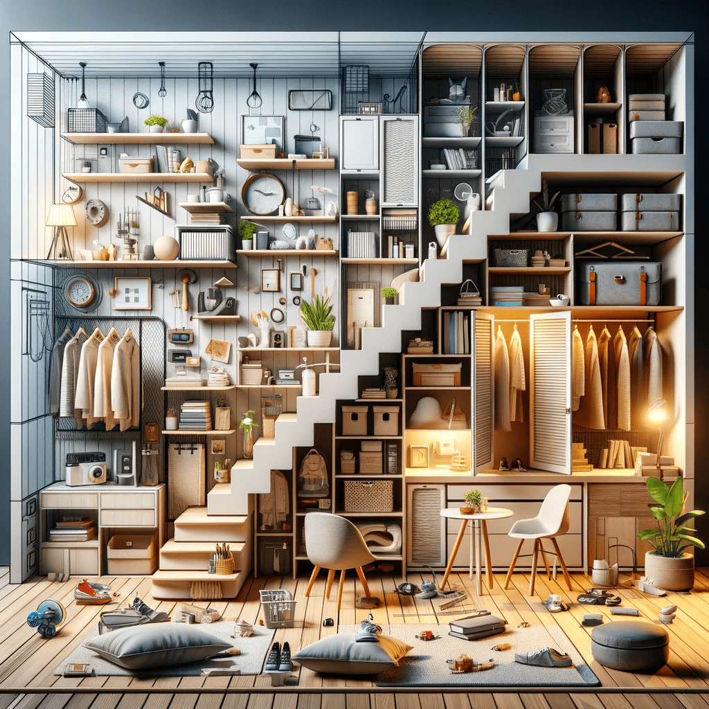 An image showcasing 'Innovative Storage Solutions for a Clutter-Free Home'. The scene should depict various creative and efficient storage solutions