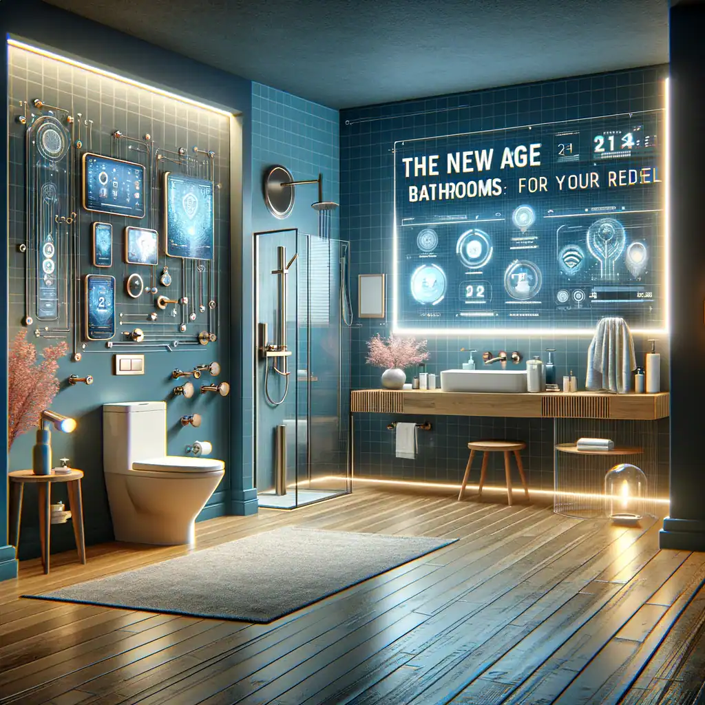 An image showcasing 'The New Age of Bathrooms_ High-Tech Features for Your Remodel'. The scene should depict a modern bathroom equipped with the latest technology.