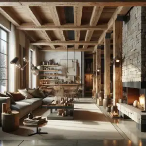 An interior design blending rustic elements with modern aesthetics, featuring exposed wooden beams, a stone fireplace and sleek furniture