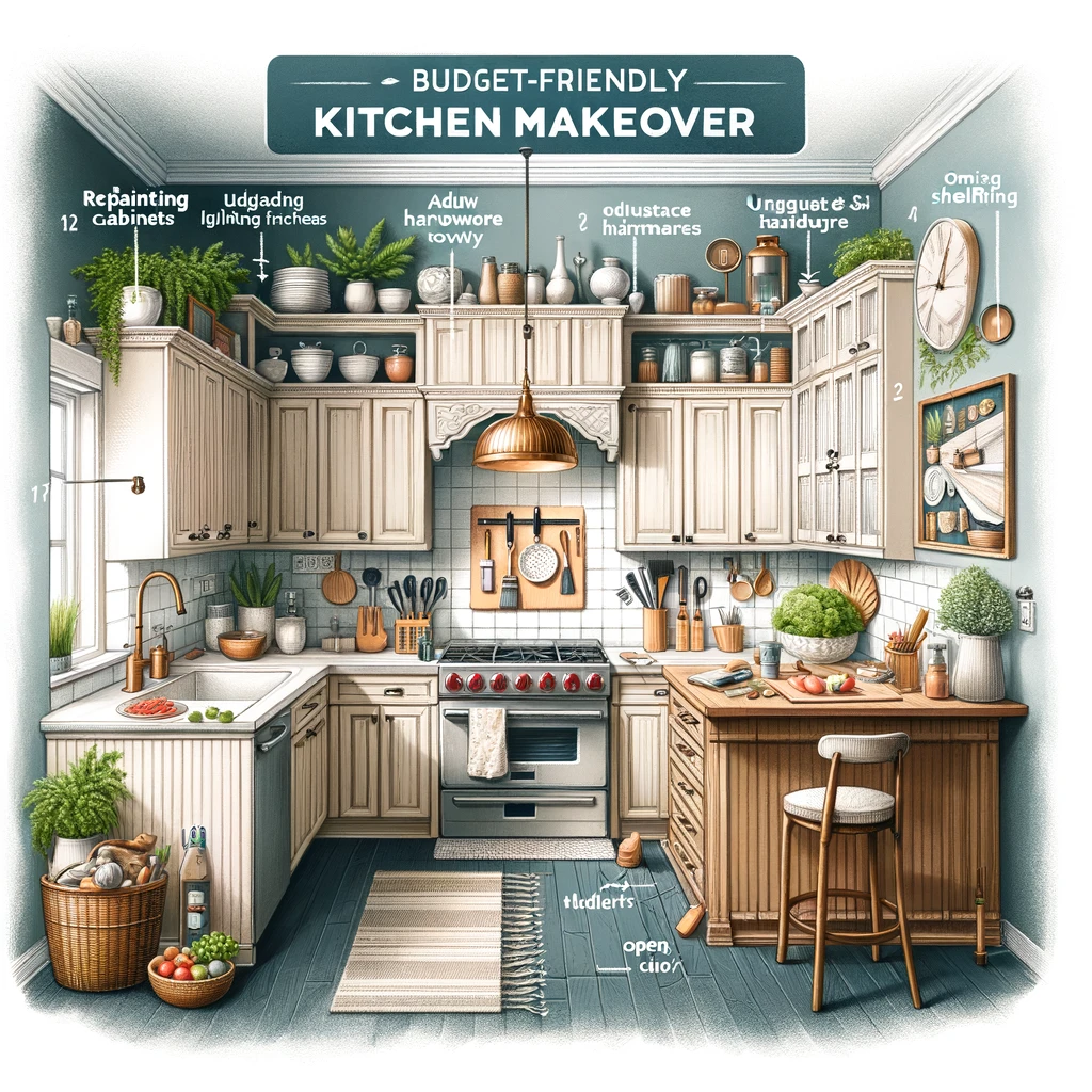DALL·E 2024 02 16 12.05.55 Create A Visually Engaging Guide That Illustrates Budget Friendly Kitchen Makeover Tips. The Image Should Showcase A Kitchen That Has Been Transformed.webp