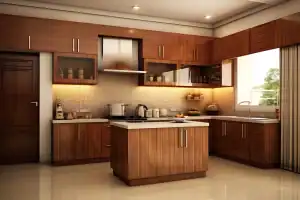 Modern kitchen design with wooden cabinets and bright natural light