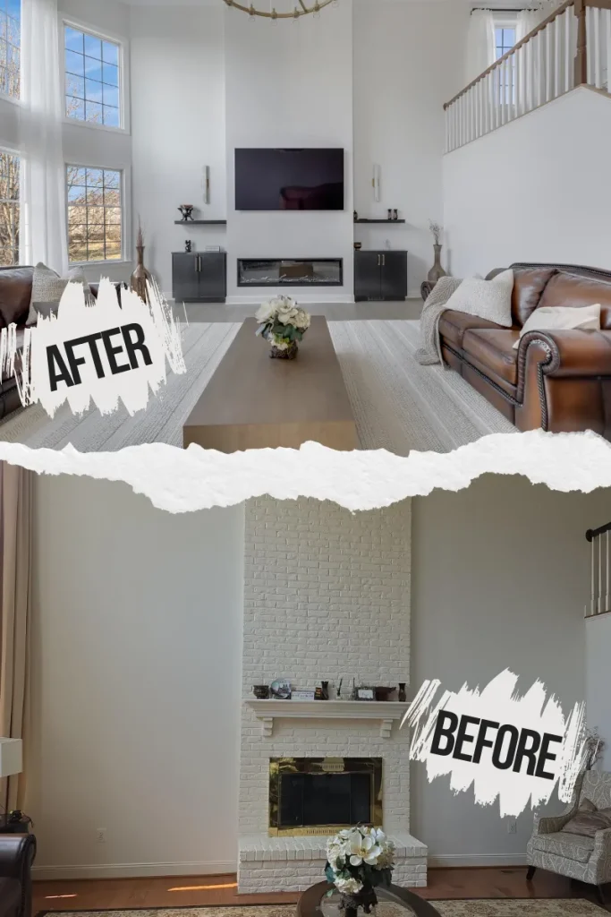 Split image showing a living room before and after renovation. The "before" shows a plain fireplace and minimal decor; the "after" features modern furniture, large windows, a mounted TV, and updated decor.
