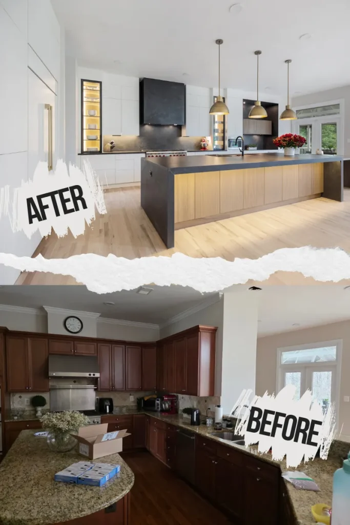 A split image shows a kitchen renovation: the "before" at the bottom with dark cabinets and granite counters, and the "after" at the top with bright white walls, modern lighting, and a sleek island.