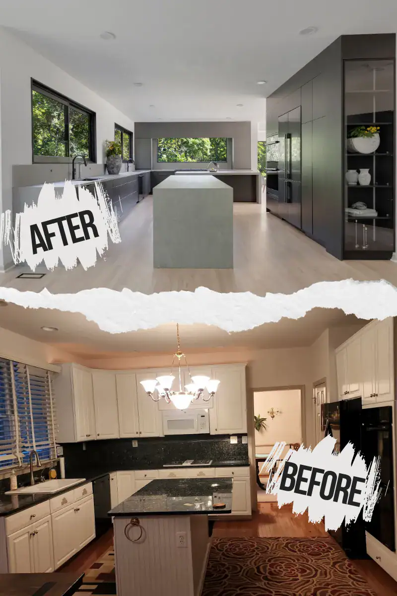 Traditional kitchen transformed into modern minimalist kitchen with neutral colors