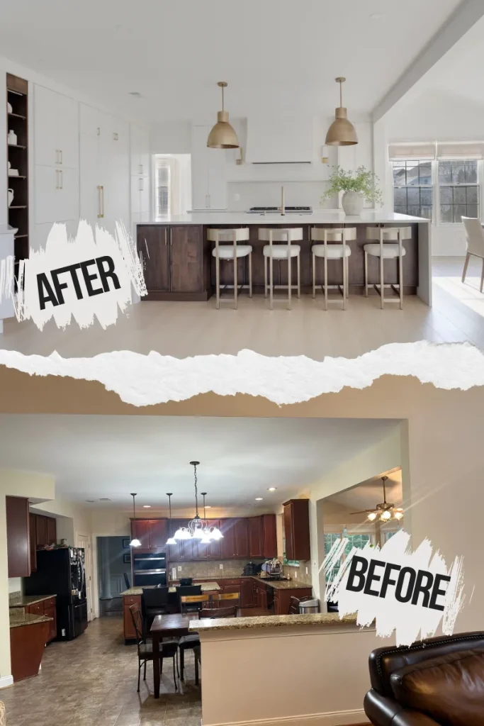 Before-and-after comparison of a kitchen remodel. The "before" shows a dark kitchen with brown cabinets and dated finishes; the "after" features a bright, modern kitchen with white walls, gold accents, and a large island.