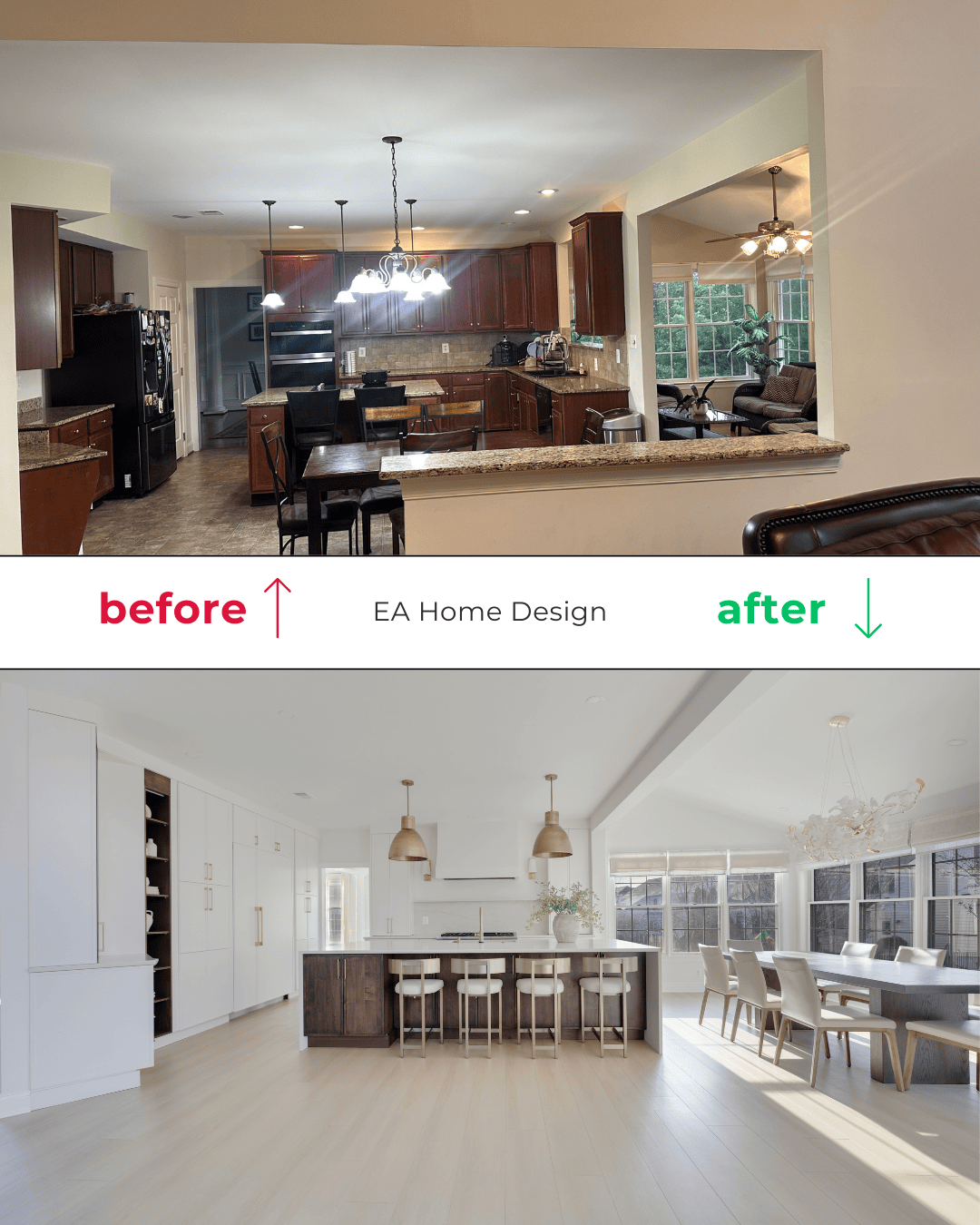 Before and after of a Northern Virginia kitchen and dining room remodel by EA Home Design: the closed cherry kitchen and separate dining area above, the same space opened into one room with a long island below