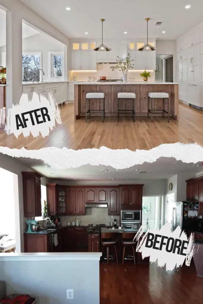 Split image showing a kitchen makeover: the "before" picture has dark cabinets and clutter, while the "after" shows a bright, modern kitchen with white cabinets, a large island, and pendant lights.