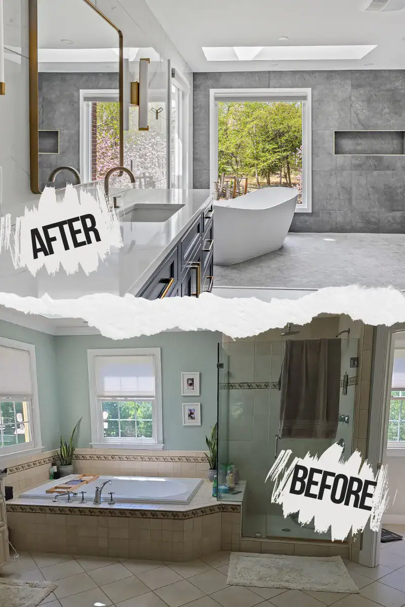 Before and after of a Northern Virginia primary bathroom by EA Home Design: the old tub deck and curbed corner shower below, and the new wet room with a freestanding tub and a curbless shower zone under the skylight above