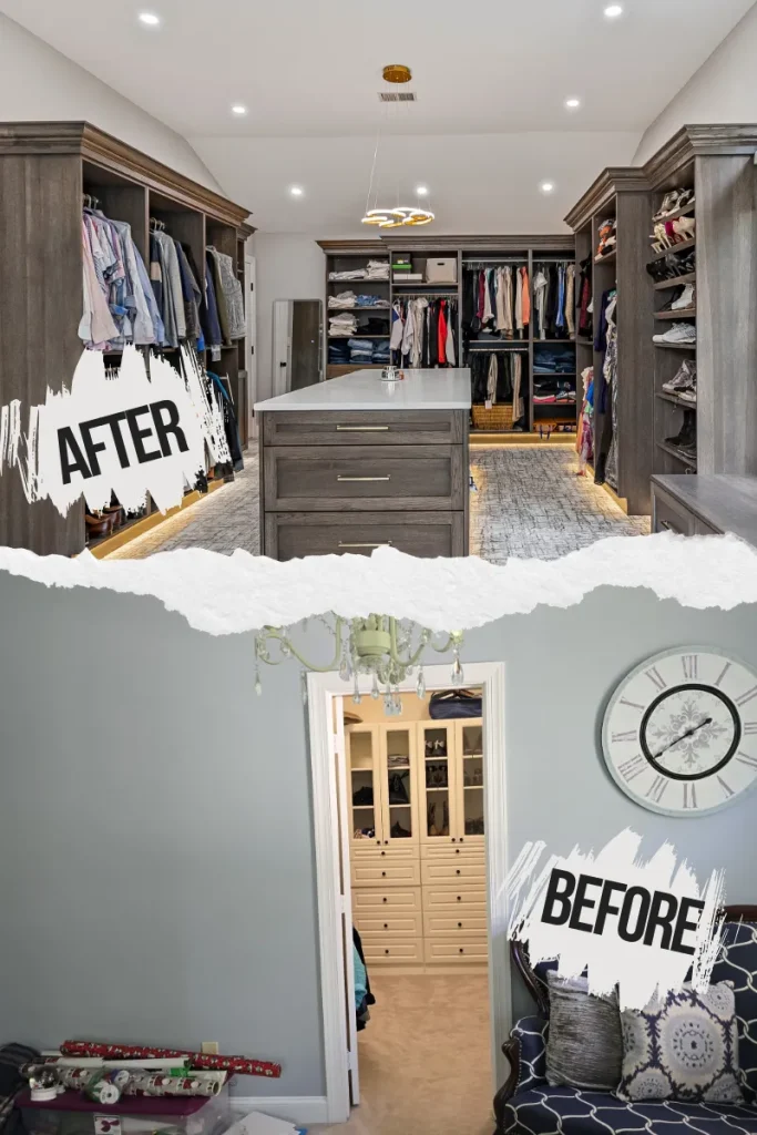 Split-image showing a walk-in closet makeover. The “before” side depicts a cluttered, small closet with a bench and wall clock. The “after” side shows a spacious, organized, modern closet with shelves, drawers, and lighting.