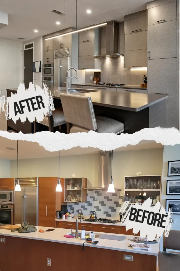 Split image shows a modern kitchen renovation: the "before" section has warm wood cabinets and simple lighting; the "after" section features sleek gray cabinets, updated lighting, and a contemporary design.