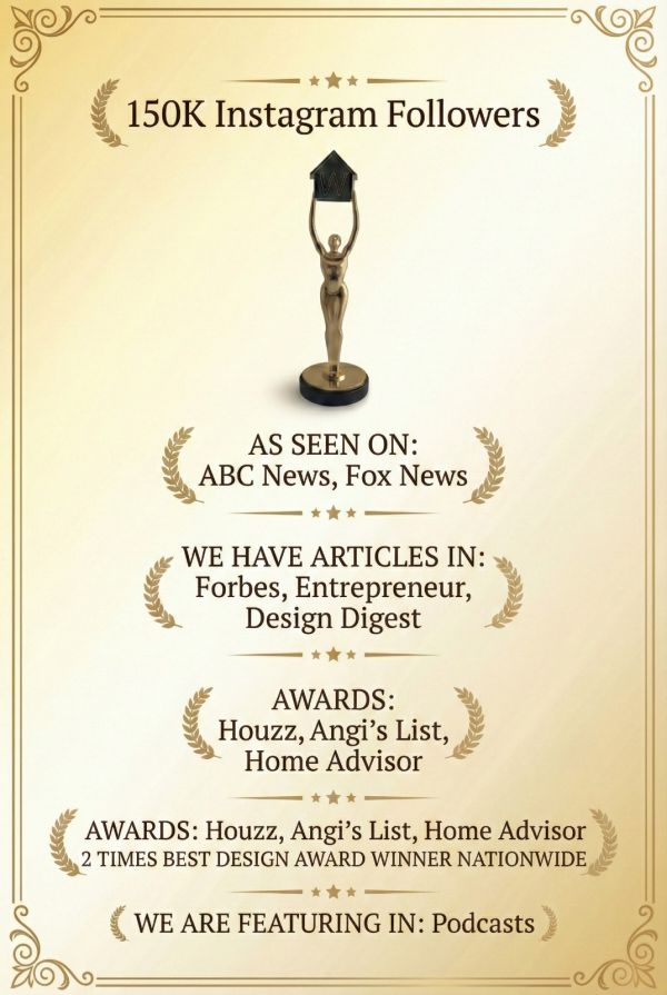 Elegant golden certificate with a trophy figure at the center, detailing achievements: 150K Instagram followers, media features on ABC and Fox News, articles in major magazines, awards from Houzz, Angi’s List, and podcast features.